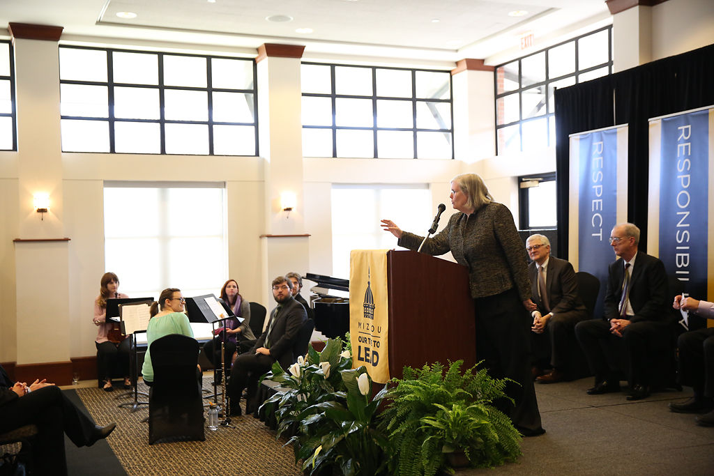 A news conference announces a $2 million gift by Jeanne and Rex Sinquefield to support the Mizzou New Music Initiative.